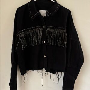 Black Studded Fringe Cropped Jean Jacket